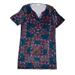 Sundance Nomi Velvet‎ Silk Blend Split Neck Shift Dress Sz Petite Medium Boho